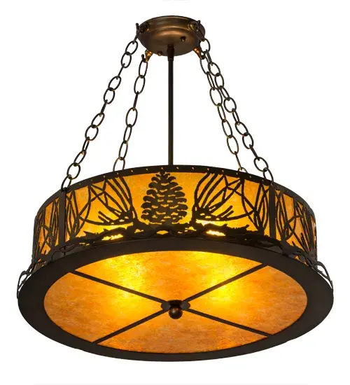Rustic charm comes alive with beautiful ambient light through a stunning Amber Mica lens with a matching bottom diffuser.This nature inspired fixture is accentuated with Antique Copper finished pine cones and pine needles for a dramatic look.The breathtaking semi-flushmount is handcrafted by highly skilled artisans in our manufacturing facility at the foothills of the spectacular Adirondack Mountains. Custom designs, sizes and colors are offered. Energy efficient lamping options such as LEDs are available.The fixture is UL and cUL listed for damp and dry locations. Collection: Mountain Pine Finish: Antique Copper Glass: Amber Mica Width: 22.00" Height: 23.00" Length: 22.00" Weight: 10.00 lb Number of Bulbs: 4 Maximum Wattage: 60.00 W Bulb Type: A19 Bulb Base: E26 Material: Steel Country of Origin: USA Safety Listing: Damp Safety Rating: Damp - alternate view