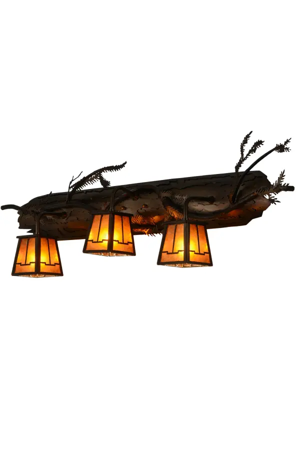 Enjoy the natural beauty of the American woodlands with this stunning 3 light wall luminaire. Designed as a steel tree bark with Pine branches and Pine needles; the hardware; frame and decorative accents featured in a handsome Antique Copper finish. 3 geometric styled lanterns feature stunning Amber Mica shades. Handcrafted by highly skilled artisans at the foothills of the Adirondack Mountains in NY; the fixture can be used as a vanity light in a bath or as a wall sconce in a hallway and other rooms. Custom sizes; styles and colors are available. Dimmable energy efficient lamping options such as LED are also offered. The fixture is UL and cUL listed for damp and dry locations.