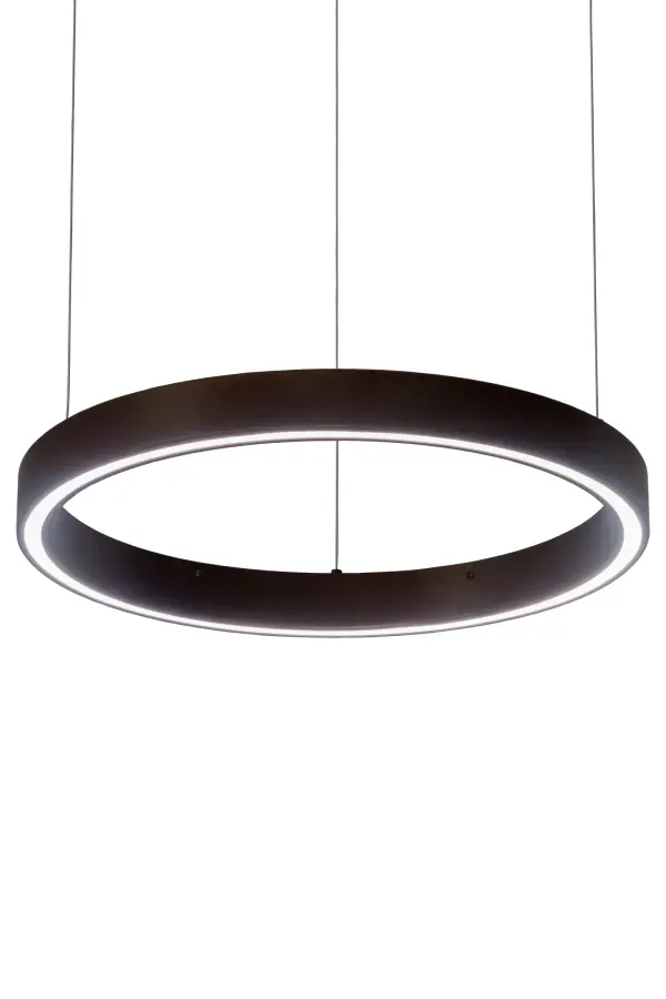 A modern sophisticated pendant featuring an extraordinary adjustable element of ambient light; this spectral halo creates a stunning visual effect and breathtaking drama. Supported by sturdy spacecraft cables for balance and precision; this Mahogany Bronze finished ring reveals a Statuario Idalight diffuser. Meyda's integral LEDs deliver dimmable; robust illumination; energy savings; minimal maintenance and long life. Custom sizes; styles and finishes are available; as well as other lamping options. This upscale Anillo pendant is UL and cUL listed for damp and dry locations.