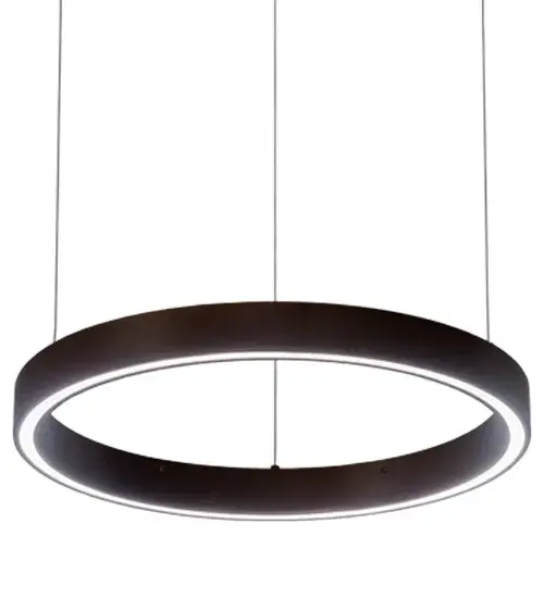 A modern sophisticated pendant featuring an extraordinary adjustable element of ambient light; this spectral halo creates a stunning visual effect and breathtaking drama. Supported by sturdy spacecraft cables for balance and precision; this Mahogany Bronze finished ring reveals a Statuario Idalight diffuser. Meyda's integral LEDs deliver dimmable; robust illumination; energy savings; minimal maintenance and long life. Custom sizes; styles and finishes are available; as well as other lamping options. This upscale Anillo pendant is UL and cUL listed for damp and dry locations. - alternate view