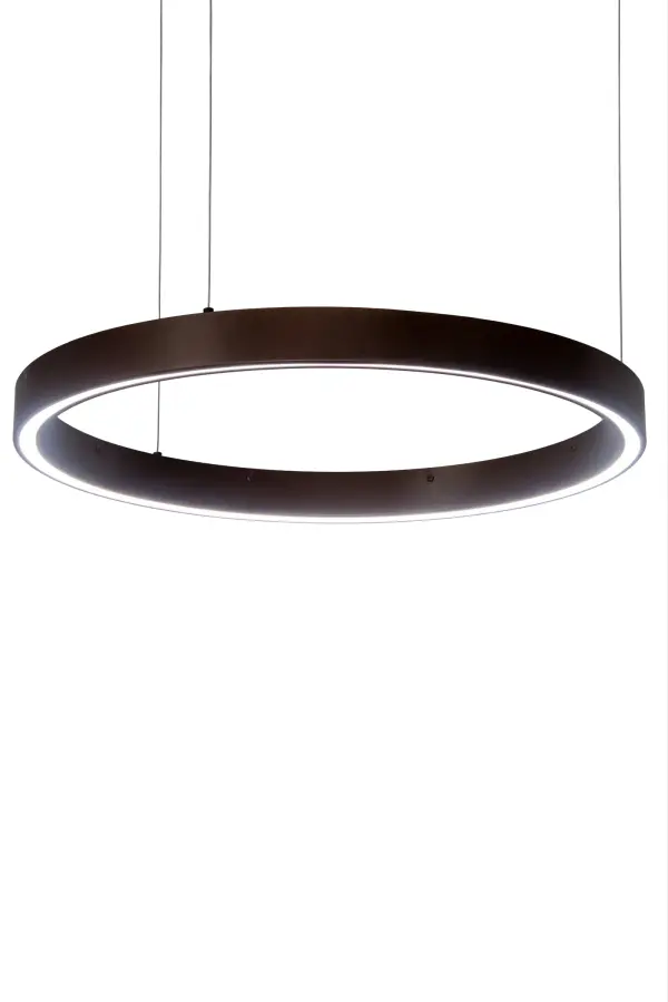 A modern sophisticated pendant featuring an extraordinary element of ambient light, this spectral halo creates a stunning visual effect and breathtaking drama. Supported by sturdy spacecraft cables for balance and precision, this Mahogany Bronze finished ring reveals a Contrail Mist Idalight diffuser. Integral LEDs from Meyda deliver dimmable, robust illumination, energy savings, minimal maintenance and long life. Custom sizes, styles and finishes are available, as well as dimmable lamping options. This upscale Anillo pendant is UL and cUL listed for damp and dry locations. Collection: Anillo Finish: Bronze Glass: White Width: 24.00" Height: 3.00" Length: 24.00" Weight: 8.00 lb Number of Bulbs: 1 Maximum Wattage: 10.00 W Bulb Type: STRIP Bulb Base: INTEGRAL Light Source: LED Color Temperature: 3000 K Material: Steel Country of Origin: USA Safety Listing: Damp Safety Rating: Damp LED