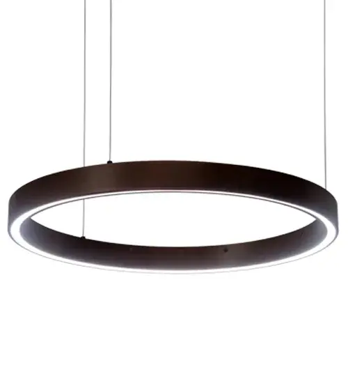 A modern sophisticated pendant featuring an extraordinary element of ambient light, this spectral halo creates a stunning visual effect and breathtaking drama. Supported by sturdy spacecraft cables for balance and precision, this Mahogany Bronze finished ring reveals a Contrail Mist Idalight diffuser. Integral LEDs from Meyda deliver dimmable, robust illumination, energy savings, minimal maintenance and long life. Custom sizes, styles and finishes are available, as well as dimmable lamping options. This upscale Anillo pendant is UL and cUL listed for damp and dry locations. Collection: Anillo Finish: Bronze Glass: White Width: 24.00" Height: 3.00" Length: 24.00" Weight: 8.00 lb Number of Bulbs: 1 Maximum Wattage: 10.00 W Bulb Type: STRIP Bulb Base: INTEGRAL Light Source: LED Color Temperature: 3000 K Material: Steel Country of Origin: USA Safety Listing: Damp Safety Rating: Damp LED - alternate view