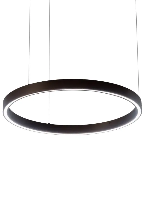 A modern sophisticated pendant featuring an extraordinary adjustable element of ambient light; this spectral halo creates a stunning visual effect and breathtaking drama. Supported by sturdy spacecraft cables for balance and precision; this Mahogany Bronze finished ring reveals a Statuario White Idalight diffuser. Integral LEDs deliver dimmable; robust illumination; energy savings; minimal maintenance and long life. Custom sizes; styles and finishes are available; as well as other lamping options. This upscale Anillo pendant is UL and cUL listed for damp and dry locations.