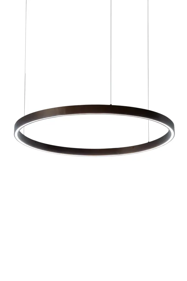 A modern sophisticated pendant featuring an extraordinary adjustable element of ambient light, this spectral halo creates a stunning visual effect and breathtaking drama. Supported by sturdy spacecraft cables for balance and precision, this Mahogany Bronze finished ring reveals a Statuario White Idalight diffuser. Meyda's integral LEDs deliver dimmable, robust illumination, energy savings, minimal maintenance and long life. Custom sizes, styles and finishes are available, as well as other lamping options. This upscale Anillo pendant is UL and cUL listed for damp and dry locations. Collection: Anillo Finish: C Mahogany Bronze Glass: White Width: 39.00" Height: 3.00" Length: 39.00" Weight: 10.50 lb Number of Bulbs: 1 Maximum Wattage: 15.00 W Bulb Type: STRIP Bulb Base: INTEGRAL Light Source: LED Color Temperature: 3000 K Material: Steel Country of Origin: USA Safety Listing: Damp Safety Rating: Damp LED