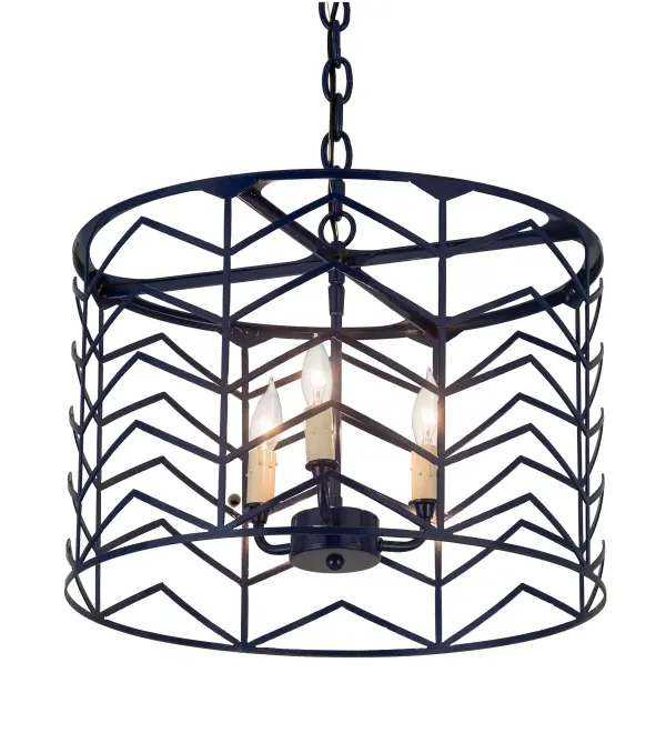 A dramatic abstract design inspired by a classic Herringbone motif. Geometric silhouettes and hardware are featured in a Blue Midnight finish while revealing 3 Amber faux candlelights that deliver beautiful ambient illumination. The overall height of this chandelier ranges from 23 to 48 inches as the chain length can be easily adjusted in the field to accommodate your specific lighting application needs. Custom crafted by highly skilled artisans in our 180;000 square foot manufacturing facility in Yorkville; NY. UL and cUL listed for dry and damp locations.