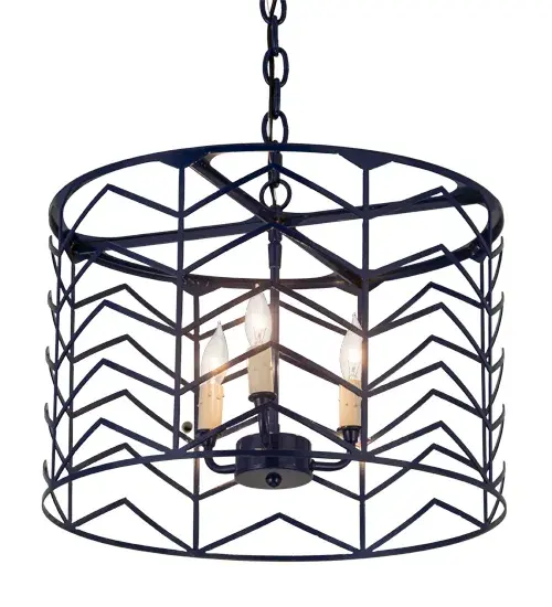 A dramatic abstract design inspired by a classic Herringbone motif. Geometric silhouettes and hardware are featured in a Blue Midnight finish while revealing 3 Amber faux candlelights that deliver beautiful ambient illumination. The overall height of this chandelier ranges from 23 to 48 inches as the chain length can be easily adjusted in the field to accommodate your specific lighting application needs. Custom crafted by highly skilled artisans in our 180;000 square foot manufacturing facility in Yorkville; NY. UL and cUL listed for dry and damp locations. - alternate view