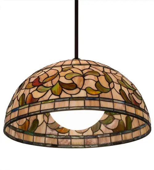 Subtle toned Autumn Gold, Russet and Moss Green leaves swirl against an Amber Mauve background in this Tiffany Studio stained glass reproduction. This ceiling fixture is enhanced with bands of Purple, Blue and Green and created using the famous Meyda Tiffany copperfoil construction process. The overall height ranges from 39.5 to 42 inches as the stem length can be adjusted in the field to accommodate your specific lighting application needs. We cannot depict every color variation but if you are looking for a specific color, call customer service for an updated image of current stock. UL and cUL listed for dry and damp locations. Collection: Tiffany Turning Leaf Finish: Mahogany Bronze Glass: Stained Glass Width: 20.00" Height: 39.50" Length: 20.00" Weight: 8.50 lb Extension from Wall: 11.00" Number of Bulbs: 1 Maximum Wattage: 60.00 W Bulb Type: A19 Bulb Base: E26 Material: Metal Or Polyresin Country of Origin: CHINA Safety Listing: Damp Safety Rating: Damp - alternate view