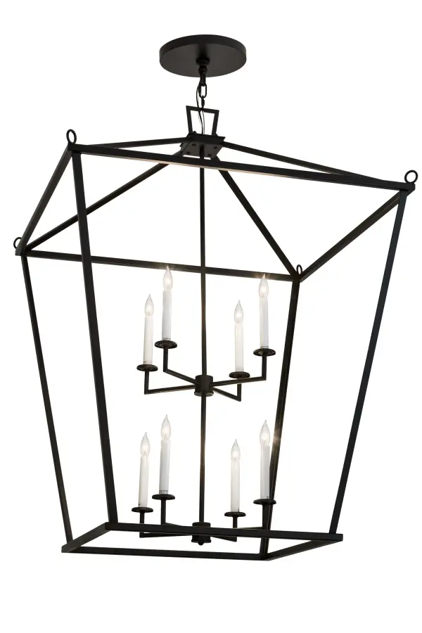 A sophisticated architecturally styled fixture is designed with a pizazz that is unique, fresh and stylish. Give your decor an extra edge with this breathtaking fixture, which is highlighted with a solid steel structure that surrounds two stylized candelabras with White faux candlelights perched on four-light clusters. The hardware and frame are featured in a handsome Blackwash finish. Handcrafted in the USA, Kitzi is available in custom sizes, styles and finishes, as well as dimmable energy efficient lamping options such as LED. The fixture is UL and CUL listed for damp and dry locations. Collection: Kitzi Finish: Textured Black Glass: Black Metal Finish Width: 51.00" Height: 54.00" Length: 36.00" Weight: 39.00 lb Number of Bulbs: 8 Maximum Wattage: 60.00 W Bulb Type: BA9 Bulb Base: E12 Material: Steel Country of Origin: USA Safety Listing: Damp Safety Rating: Damp