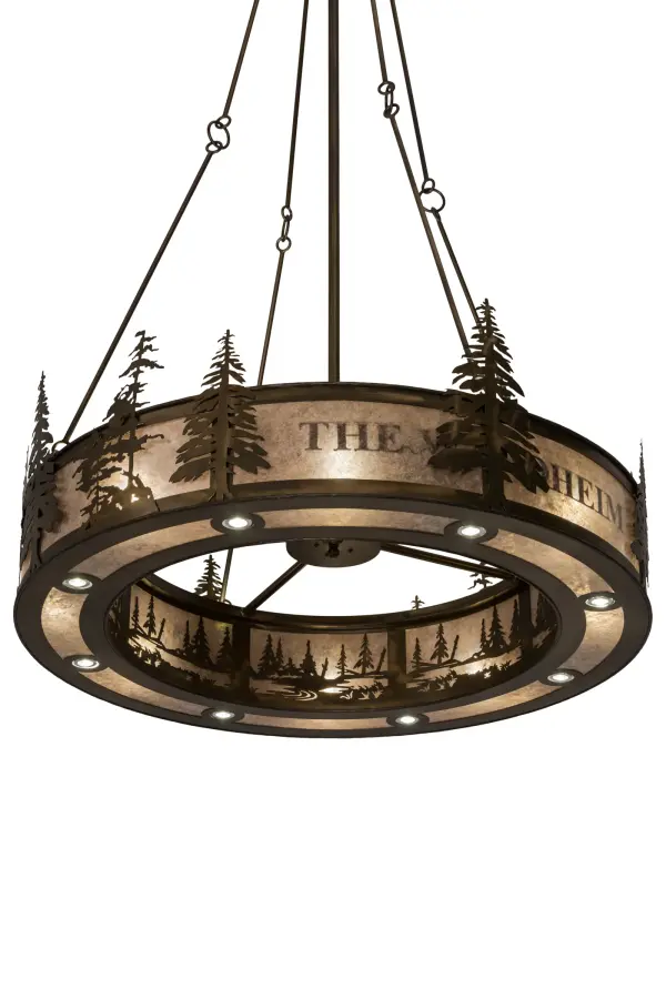 This Craftsman-styled Pendant is personalized with the name; The Waldheim; featured in a handsome Antique Copper finish; and adorned with ten complementary Pine Tree silhouetted figures. Soft ambient light is diffused beautifully through the Silver Mica lens. The prominent fixture is perfect for installation in dining areas and entryways. Sixteen inner lights provide uplighting and highlight the beauty of the mica; while eight downlights deliver functional lighting below. The decorative lamps; uplights; and downlights benefit from separate circuits to give you precise dimming control over the various layers of light. The Personalized Waldheim Inverted Pendant is included in our American-made; American-designed; handcrafted Personalized Collection and manufactured in Yorkville; New York. The fixture is UL and cUL listed for dry; damp and wet locations. This lighting fixture can be ordered by calling us and adding your business logo or family name for your next project. Please call for pricing and lead time.