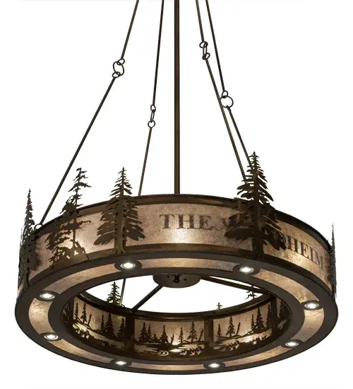 This Craftsman-styled Pendant is personalized with the name; The Waldheim; featured in a handsome Antique Copper finish; and adorned with ten complementary Pine Tree silhouetted figures. Soft ambient light is diffused beautifully through the Silver Mica lens. The prominent fixture is perfect for installation in dining areas and entryways. Sixteen inner lights provide uplighting and highlight the beauty of the mica; while eight downlights deliver functional lighting below. The decorative lamps; uplights; and downlights benefit from separate circuits to give you precise dimming control over the various layers of light. The Personalized Waldheim Inverted Pendant is included in our American-made; American-designed; handcrafted Personalized Collection and manufactured in Yorkville; New York. The fixture is UL and cUL listed for dry; damp and wet locations. This lighting fixture can be ordered by calling us and adding your business logo or family name for your next project. Please call for pricing and lead time. - alternate view
