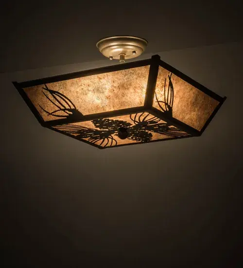 Mother nature comes to light as Mountain Pinecones and Pine Needles are featured on this unique nature inspired ceiling fixture. The charm of the forest comes alive with soft ambient light emanating through the Silver Mica diffuser. The fixture is enhanced with a Timeless Bronze finish. Handcrafted in our 180;000 square foot manufacturing facility in Yorkville; New York. Diffuser colors; metal finishes and fixture sizes can be customized to your needs. UL and cUL listed for dry and damp locations.