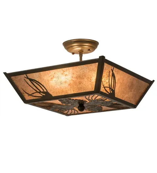 Mother nature comes to light as Mountain Pinecones and Pine Needles are featured on this unique nature inspired ceiling fixture. The charm of the forest comes alive with soft ambient light emanating through the Silver Mica diffuser. The fixture is enhanced with a Timeless Bronze finish. Handcrafted in our 180;000 square foot manufacturing facility in Yorkville; New York. Diffuser colors; metal finishes and fixture sizes can be customized to your needs. UL and cUL listed for dry and damp locations. - alternate view