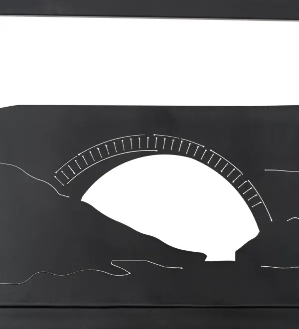 Every Meyda Tiffany item is a unique handcrafted work of art. Natural variations in the wide array of materials that we use to create each Meyda product make every item a masterpiece of its own. Photographs are a general representation of the product. Colors and designs will vary. Collection: Neversink Arched Bridge Finish: Prime & Phosphate For Outdoor Glass: Textured Black Width: 94.50" Height: 29.00" Length: 2.00" Weight: 63.00 lb Extension from Wall: 10.50" Number of Bulbs: 1 Bulb Type: T4 Bulb Base: G9 Material: Steel Country of Origin: USA Safety Listing: Dry Safety Rating: Dry