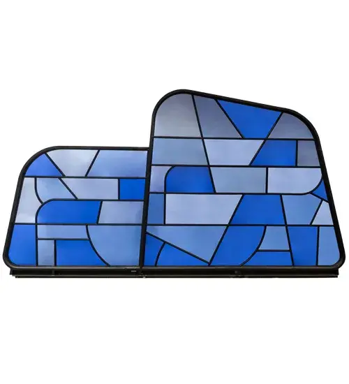 Designers and architects will relish this geometric jigsaw of architectural glass transformed into a ravishing abstract expressionist piece of art. A Grand room divider that actually bridges decor in large modern spaces, Grand Mur entices the eye with aesthetic details at every turn, invigorating visual appeal and glamour. Employing an Azure palette, this sculptural mosaic masterpiece captures the wow factor while embodying a style that is as chic, rich, and dramatic as its architecture and artistry. Collection: Grand Mur Finish: Solar Black Glass: Tempered Glass Width: 284.00" Height: 148.00" Length: 8.00" Weight: 11.50 lb Extension from Wall: 8.00" Number of Bulbs: 1 Maximum Wattage: 60.00 W Bulb Type: A19 Bulb Base: Medium Material: Steel Country of Origin: USA Safety Listing: Dry Safety Rating: Dry