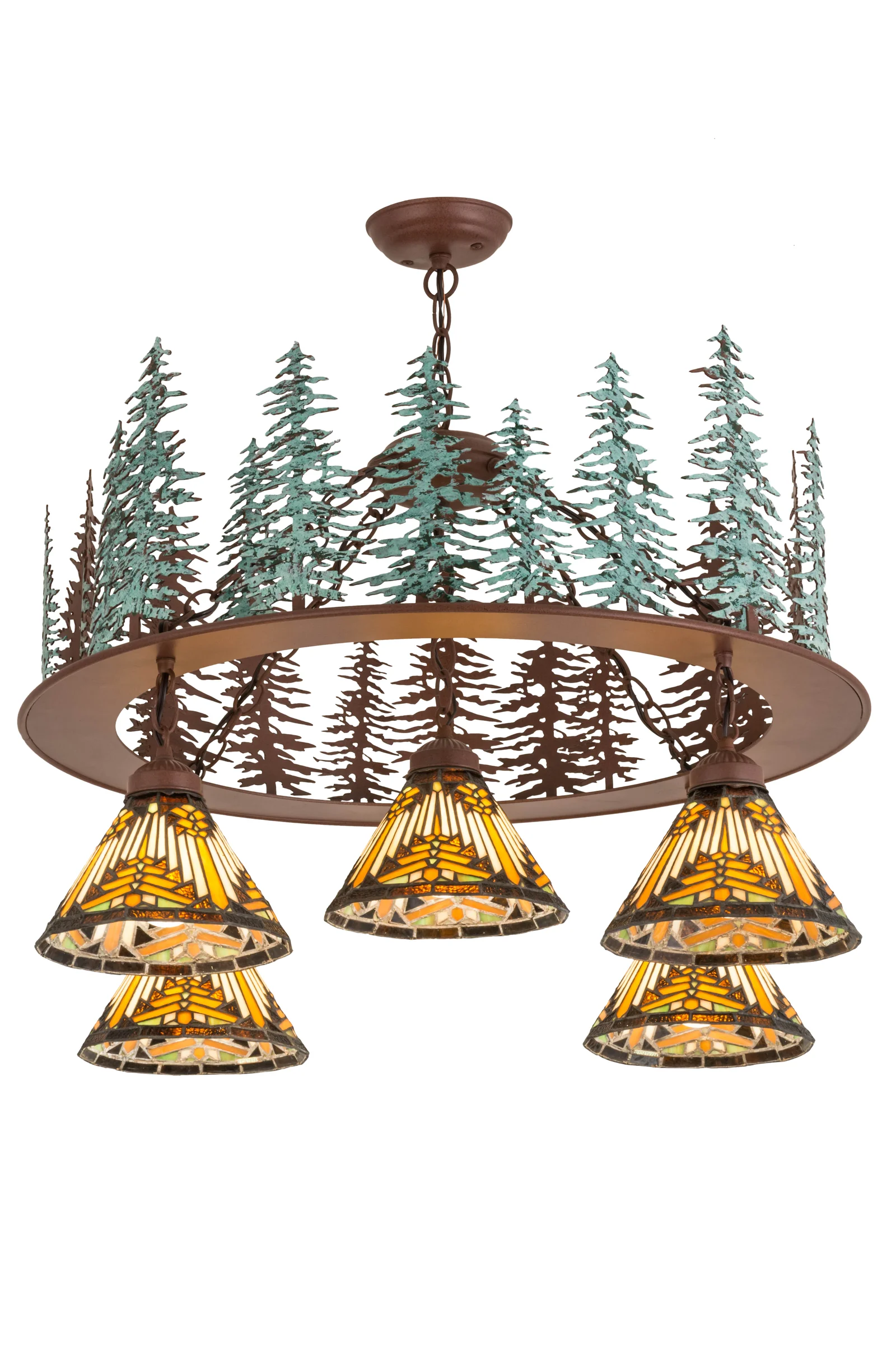 Nuevo Mission Five Light Chandelier in Rust/Green Trees