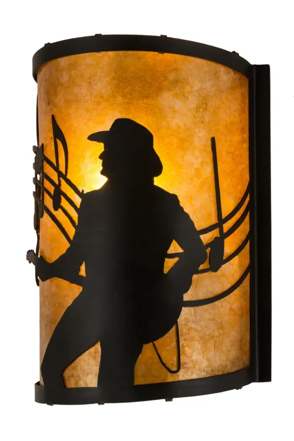 Country western singer and guitarist plays all your favorite tunes on a background of music notes of this decorative wall sconce. The luminaire features stunning Amber Mica complemented with decorative accents, frame and hardware in a Textured Black finish. Custom options include special sizes, finishes, colors and dimmable energy efficient lamping. The fixture is UL and cUL listed for damp and dry locations. Collection: Amarillo Finish: Textured Black Glass: Amber Mica Width: 8.00" Height: 12.00" Length: 4.50" Weight: 2.50 lb Extension from Wall: 4.50" Number of Bulbs: 1 Maximum Wattage: 60.00 W Bulb Type: A19 Bulb Base: E26 Material: Steel Country of Origin: USA Safety Listing: Damp Safety Rating: Damp