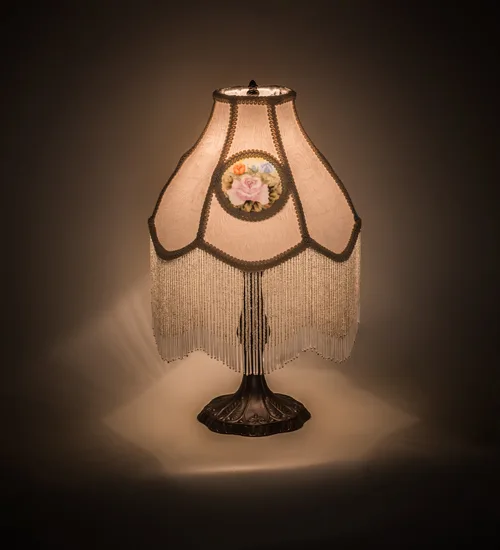 20" High Reverse Painted Roses Fabric with Fringe Table Lamp
