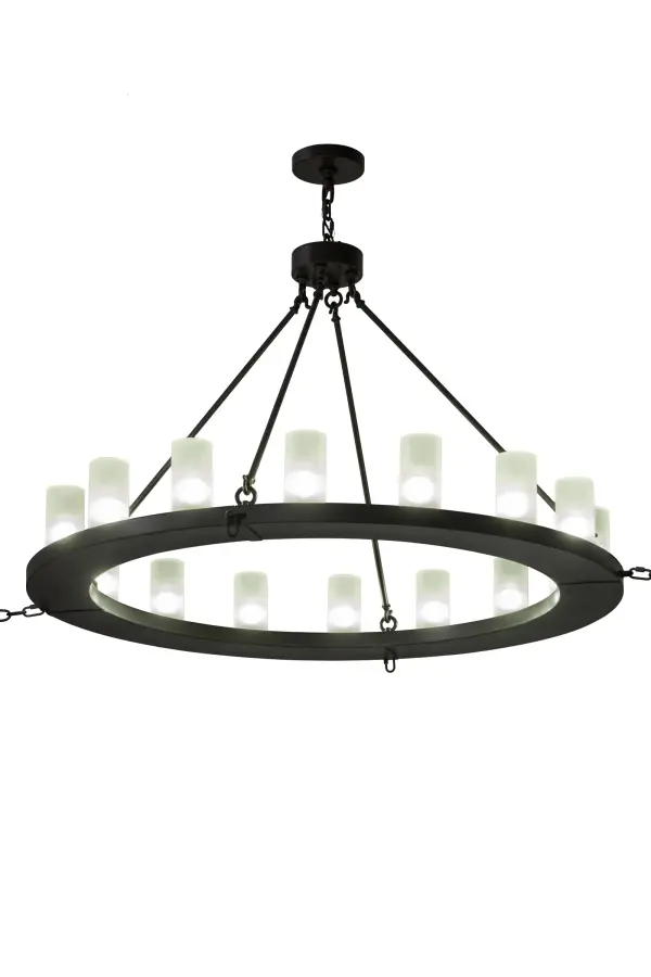 Blending an elegant style with a classic distinguished look, Loxley is custom crafted with 16 Clear Frosted Glass/Interecciati Idalight Cylindres perched on a smooth circular ring. The frame and hardware are featured, in a Timeless Bronze finish. The chandelier illuminates with 16 customer-supplied 5-watt LED lamps for energy efficiency and includes 4 12-foot Anti-Sway Chains and additional Wall Hardware to which they are secured. The chandelier is ideal for illuminating lobbies, conference rooms, entryways and other large residential and commercial spaces. Handcrafted by our artisans in the USA. Custom colors, styles, sizes & dimmable energy efficient lamping options offered. UL and cUL listed for damp and dry locations. Collection: Loxley Finish: Timeless Bronze Glass: Frosted Clear Glass Width: 48.00" Height: 35.00" Length: 48.00" Weight: 80.00 lb Number of Bulbs: 16 Maximum Wattage: 5.00 W Bulb Type: T4 Bulb Base: G9 Light Source: LED Material: Steel Country of Origin: USA Safety Listing: Damp Safety Rating: Damp