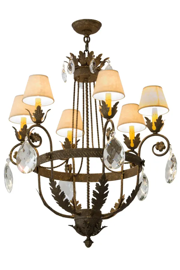 Exquisite styling and luxurious charm are reflected in these faceted crystal charms, scroll arms, Acanthus leaves and rich Pompeii Gold finished hardware. This elegant chandelier embraces six Amber faux candlelights topped with Aged Celadon Textrene shades. This chandelier features quality materials and hand detailed American craftsmanship perfected by years of time honored artistry and passed down from generations of skilled artisans. Custom sizes, styles, colors and dimmable energy efficient lamping options are available. The fixture is UL and cUL listed for damp and dry locations. Collection: Antonia Finish: Pompeii Gold Glass: Aged Celadon Parchment Width: 29.00" Height: 36.50" Length: 29.00" Weight: 21.00 lb Number of Bulbs: 6 Maximum Wattage: 40.00 W Bulb Type: BA9 Bulb Base: E12 Material: Steel Country of Origin: USA Safety Listing: Dry Safety Rating: Dry