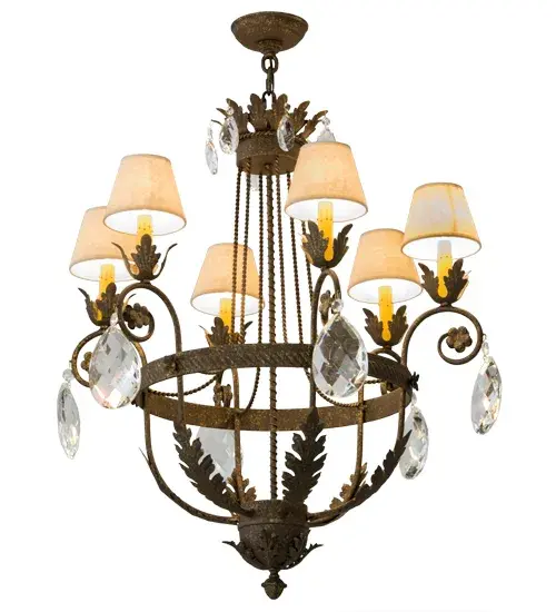 Exquisite styling and luxurious charm are reflected in these faceted crystal charms, scroll arms, Acanthus leaves and rich Pompeii Gold finished hardware. This elegant chandelier embraces six Amber faux candlelights topped with Aged Celadon Textrene shades. This chandelier features quality materials and hand detailed American craftsmanship perfected by years of time honored artistry and passed down from generations of skilled artisans. Custom sizes, styles, colors and dimmable energy efficient lamping options are available. The fixture is UL and cUL listed for damp and dry locations. Collection: Antonia Finish: Pompeii Gold Glass: Aged Celadon Parchment Width: 29.00" Height: 36.50" Length: 29.00" Weight: 21.00 lb Number of Bulbs: 6 Maximum Wattage: 40.00 W Bulb Type: BA9 Bulb Base: E12 Material: Steel Country of Origin: USA Safety Listing: Dry Safety Rating: Dry - alternate view