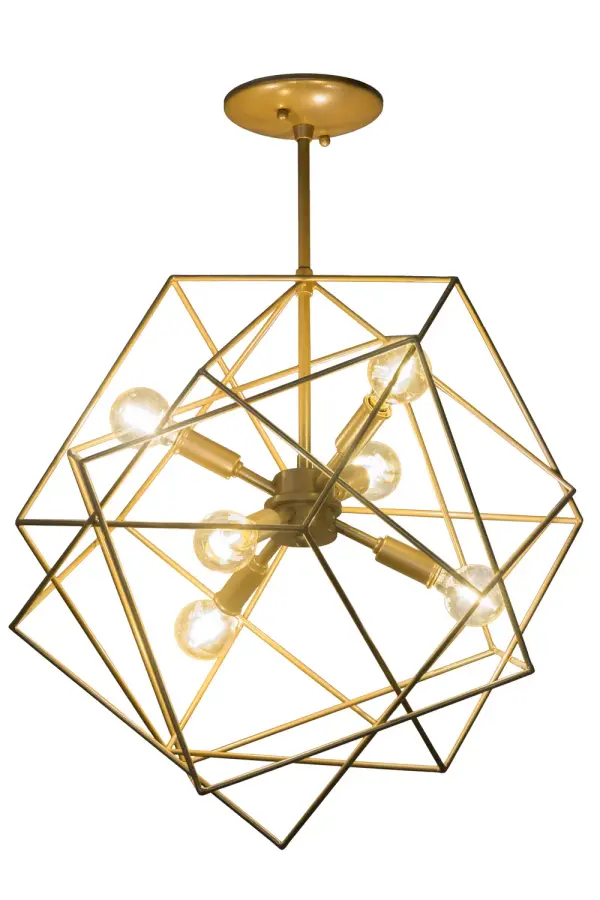 For every demanding design challenge, there is a complete lighting solution. Usher in the Conundrum Pendant, a geometric styled fixture featuring a unique configuration of metal frames that reveal 6 Customer-supplied, Medium base Edison style lamps for beautiful ambient illumination. Handcrafted by highly skilled artisans in our Yorkville, NY manufacturing facility, this pendant is available in custom sizes, designs and finishes. Dimmable energy efficient lamping options such as LED are offered. The fixture is UL and cUL listed for dry and damp locations. Collection: Conundrum Finish: Champagne Metallic Glass: Gold Width: 19.00" Height: 25.00" Length: 19.00" Weight: 4.50 lb Number of Bulbs: 6 Maximum Wattage: 2.00 W Bulb Type: G16.5 Bulb Base: E12 Light Source: LED Color Temperature: 2200 K Material: Steel Country of Origin: USA Safety Listing: Damp Safety Rating: Damp LED