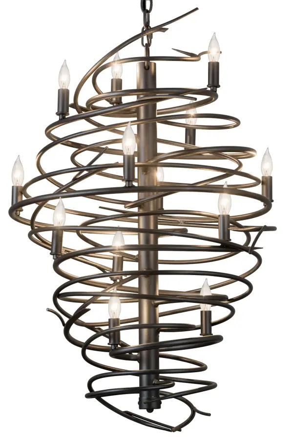 The bold, eye-catching Cyclone chandelier simulates whirling winds of energy and gyration with twisting metal. The fixture is accentuated with 13 delicately placed beacons to help you weather the storm. The winding mass of steel surrounds a sturdy post featured in a Pewter powder coat finish. Make an impressive design statement that will wow guests in lobbies, conference rooms and entryways. Overall height ranges from 38 to 86 inches as the chain length can be easily adjusted in the field to accommodate your specific lighting application needs. Handcrafted in our 180,000 sq ft manufacturing facility in Yorkville, NY. Fixture designs, metal finishes and sizes can be customized to meet your needs. UL and cUL listed for damp and dry locations. Collection: Cyclone Finish: Pewter Glass: Silver Width: 24.00" Height: 38.00" Length: 24.00" Weight: 25.00 lb Number of Bulbs: 13 Maximum Wattage: 60.00 W Bulb Type: BA9 Bulb Base: E12 Material: Steel Country of Origin: USA Safety Listing: Damp Safety Rating: Damp