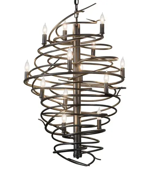The bold, eye-catching Cyclone chandelier simulates whirling winds of energy and gyration with twisting metal. The fixture is accentuated with 13 delicately placed beacons to help you weather the storm. The winding mass of steel surrounds a sturdy post featured in a Pewter powder coat finish. Make an impressive design statement that will wow guests in lobbies, conference rooms and entryways. Overall height ranges from 38 to 86 inches as the chain length can be easily adjusted in the field to accommodate your specific lighting application needs. Handcrafted in our 180,000 sq ft manufacturing facility in Yorkville, NY. Fixture designs, metal finishes and sizes can be customized to meet your needs. UL and cUL listed for damp and dry locations. Collection: Cyclone Finish: Pewter Glass: Silver Width: 24.00" Height: 38.00" Length: 24.00" Weight: 25.00 lb Number of Bulbs: 13 Maximum Wattage: 60.00 W Bulb Type: BA9 Bulb Base: E12 Material: Steel Country of Origin: USA Safety Listing: Damp Safety Rating: Damp - alternate view