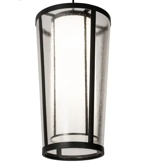 Designed with a curved profile and a striking architectural look; this appealing and versatile ceiling fixture defines a sophisticated aesthetic. This ceiling pendant features a distinctive outer shade with Rainstone Idalight that reveals a Statuario Idalight inner cylindrical diffuser. The hardware is featured in a Textured Black powder coat finish. Handcrafted by highly skilled artisans in our 180;000 square foot manufacturing facility in Upstate NY; this transitional styled pendant is available in a wide range of custom choices including various designs; colors; sizes and dimmable energy efficient lamping options. The 21 inch wide fixture is UL and cUL listed for damp and dry locations. - alternate view