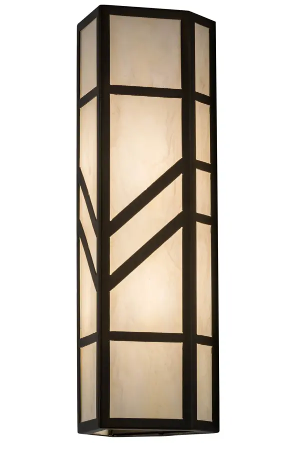 With a striking southwestern Mission styled design, emerges the stunning Santa Fe wall sconce. A charming aura projects from Creme Carrare Idalight with bold geometric styling. Complemented with an Antique Copper finished frame and hardware, the handcrafted wall fixture is ideal for ambient decorative lighting in a corridor or any room where you want to make a bold design statement. Handmade in the USA, this sconce is available in custom designs, colors and sizes, as well as with dimmable energy efficient lamping such as LED. The sconce is UL and cUL listed for damp and dry locations. Collection: Santa Fe Finish: Antique Copper Glass: Creme Carrare Idalight Width: 7.00" Height: 22.00" Length: 6.50" Weight: 7.00 lb Extension from Wall: 6.50" Number of Bulbs: 2 Maximum Wattage: 60.00 W Bulb Type: A19 Bulb Base: E26 Material: Steel Country of Origin: USA Safety Listing: Damp Safety Rating: Damp