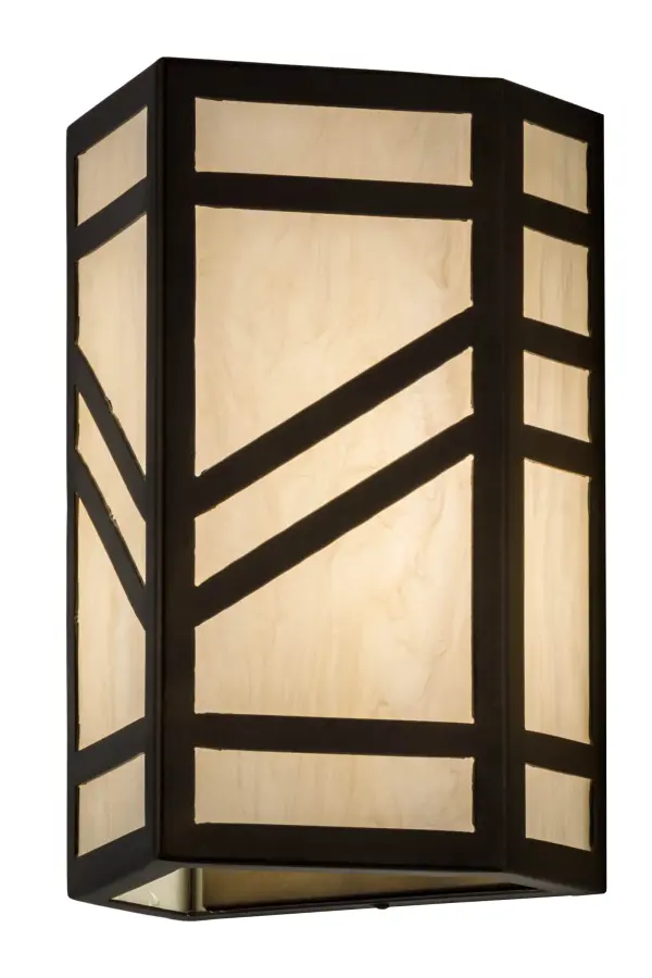 With a striking southwestern Mission styled design emerges this stunning Santa Fe wall sconce. A charming aura projects from Creme Carrare Idalight with bold geometric styling. Complemented with an Antique Copper finished frame and hardware, the handcrafted wall fixture is ideal for ambient decorative lighting in a corridor or any room where you want to make a bold design statement. Handmade in the USA, this sconce is available in custom designs, colors and sizes, as well as with dimmable energy efficient lamping such as LED. The sconce is UL and cUL listed for damp and dry locations. Collection: Santa Fe Finish: Antique Copper Glass: Creme Carrare Idalight Width: 6.50" Height: 11.00" Length: 6.50" Weight: 4.00 lb Extension from Wall: 6.50" Number of Bulbs: 1 Maximum Wattage: 60.00 W Bulb Type: A19 Bulb Base: E26 Material: Steel Country of Origin: USA Safety Listing: Damp Safety Rating: Damp