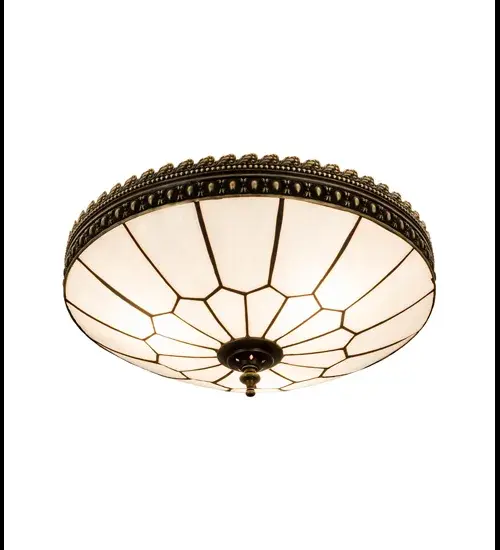 The Honeycomb patterned shade; created with high fired; kiln formed White art glass; is highlighted on this elegant dramatic lighting fixture and will make a stunning design statement in any room. This beautiful shade is complemented with an exquisite; intricate patterned Solid Brass border; along with hardware and matching finial hand finished in a Craftsman Brown with Highlights. This fixture is handcrafted by our artisans in the USA using the famous copper foil construction process. Custom sizes; styles; and colors are offered; as well as dimmable energy efficient lamping options. This fixture is UL and cUL listed in dry and damp locations. - alternate view