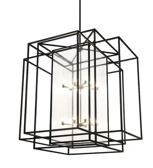 The sophisticated architecturally designed Kitzi pendant provides a pizazz that is unique, fresh and stylish. This breathtaking fixture will give your decor an extra edge with a layered solid steel structure in a complex geometric configuration featured in a Textured Black finish. A Rainstone Idalight lens reveals two 8-light faux candelabras. Handcrafted in the USA, Kitzi is ideal for illuminating grand entryways, lobbies, foyers and other residential and commercial spaces. Custom sizes, finishes and designs are available, as well as dimmable energy efficient lamping options such as LED. The pendant is UL and cUL listed for damp and dry locations. Collection: Kitzi Box Finish: Textured Black Glass: Rainstone Idalight Width: 67.00" Height: 179.50" Length: 60.00" Weight: 148.00 lb Number of Bulbs: 16 Maximum Wattage: 25.00 W Bulb Type: B13 Bulb Base: E26 Material: Steel Country of Origin: USA Safety Listing: Damp Safety Rating: Damp - alternate view