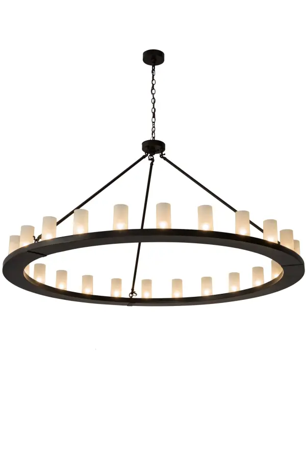 Blending an elegant style with a classic distinguished look, Loxley is custom crafted with 24 Clear Frosted Glass Cylindres perched on a smooth circular frame, which is featured in a Timeless Bronze finish. The chandelier is perfect for lobbies, conference rooms, entryways and other large residential and commercial spaces. The fixture is handcrafted by skilled artisans in the USA, in our manufacturing facility in Yorkville, New York. Custom colors, styles and sizes are available, as well as dimmable energy efficient lamping options such as LED. The chandelier is UL and cUL listed for damp and dry locations. Collection: Loxley Finish: Timeless Bronze Glass: Frosted Clear Glass Width: 72.00" Height: 47.00" Length: 72.00" Weight: 100.00 lb Number of Bulbs: 24 Maximum Wattage: 40.00 W Bulb Type: F15 Bulb Base: E26 Material: Steel Country of Origin: USA Safety Listing: Damp Safety Rating: Damp
