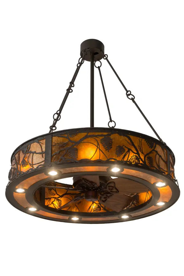 Listen closely. You can almost hear the soft whisper of pine branches dancing in the wind through this magnificent creation which combines custom lighting & fan technologies. 8 customer-supplied inner lights bring out the beauty of Amber Mica while 8 customer-supplied downlights deliver functional task illumination as gentle breezes are produced by the fan spinning quietly in the center. Hardware featured in Oil Rubbed Bronze finish. Handcrafted in USA. In the summer, the fan pushes down a windchill that circulates to keep the space cool and comfortable. In winter, the fan is reversed to pull the air up towards the ceiling and force warm air back down and circulate to create warmth. UL and cUL listed for dry/damp locations. Collection: Whispering Pines Finish: Oiled Bronze//Dark Oak Blades Glass: Oil Rubbed Bronze/Amber Mica Width: 45.00" Height: 48.00" Length: 45.00" Weight: 85.00 lb Number of Bulbs: 8 Maximum Wattage: 60.00 W Bulb Type: A19 Bulb Base: Medium Material: Steel Country of Origin: USA Safety Listing: Damp Safety Rating: Damp