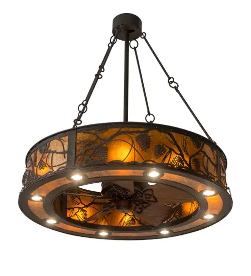 Listen closely. You can almost hear the soft whisper of pine branches dancing in the wind through this magnificent creation which combines custom lighting & fan technologies. 8 customer-supplied inner lights bring out the beauty of Amber Mica while 8 customer-supplied downlights deliver functional task illumination as gentle breezes are produced by the fan spinning quietly in the center. Hardware featured in Oil Rubbed Bronze finish. Handcrafted in USA. In the summer, the fan pushes down a windchill that circulates to keep the space cool and comfortable. In winter, the fan is reversed to pull the air up towards the ceiling and force warm air back down and circulate to create warmth. UL and cUL listed for dry/damp locations. Collection: Whispering Pines Finish: Oiled Bronze//Dark Oak Blades Glass: Oil Rubbed Bronze/Amber Mica Width: 45.00" Height: 48.00" Length: 45.00" Weight: 85.00 lb Number of Bulbs: 8 Maximum Wattage: 60.00 W Bulb Type: A19 Bulb Base: Medium Material: Steel Country of Origin: USA Safety Listing: Damp Safety Rating: Damp - alternate view