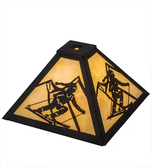 Winter skiers float through a fresh 6-plus inches of snow to find their Nirvana. Slalom racers carve aggressively around the tightly placed gates. Imagine your chalet adorned with the Alpine themed; made to order line of fixtures. This Beige art glass shade is complemented with decorative accents and hardware in an Oil Rubbed Bronze finish. This shade can be used as a ceiling pendant or with a table lamp base. Handcrafted in our 180;000 square foot manufacturing facility in Yorkville; New York located at the foothills of the Adirondack Mountains; not far from Lake Placid; home of the 1932 and 1980 Winter Olympics.