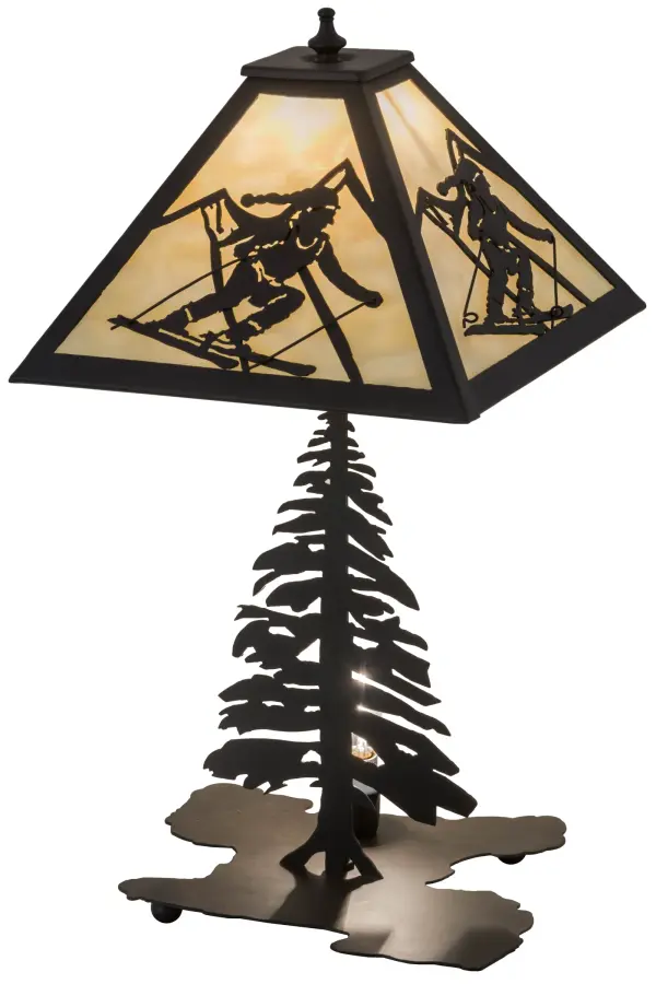 Winter skiers float through a fresh 6-plus inches of snow to find their Nirvana. Slalom racers carve aggressively around the tightly placed gates. Imagine your chalet adorned with the Alpine themed, made to order line of fixtures. This table lamp features a Beige art glass shade complemented with decorative accents and a Pine Tree base in an Oil Rubbed Bronze finish. A 3-function switch lights the shade, the base or both. Shade colors, metal finishes and artwork profiles can be customized. Handcrafted in our 180,000 square foot manufacturing facility in Yorkville, New York located at the foothills of the Adirondack Mountains, not far from Lake Placid, home of the 1932 and 1980 Winter Olympics. UL & cUL listed for dry locations. Collection: Alpine Finish: Oil Rubbed Bronze Oil Rubbed Bronze Glass: Beige Art Glass Width: 16.00" Height: 21.50" Length: 11.00" Weight: 7.50 lb Number of Bulbs: 1 Maximum Wattage: 60.00 W Bulb Type: A19 Bulb Base: Medium Material: Metal Or Polyresin Country of Origin: USA Safety Listing: Dry Safety Rating: Dry