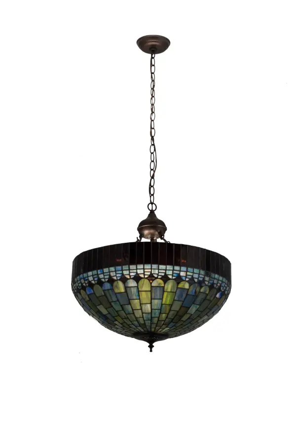 In the early 20th century, Tiffany Studios used its artful mastery to develop the look of woven fabric with a fringed skirt out of glass. Meyda Tiffany Lighting has taken that concept one step further and turned it upside down. Multi-hued Amber Plum fringe crowns an inverted dome of art glass brickwork intertwined with hues of Emerald, Cobalt, Heather, Navy, Teal and Amber. The art glass shade is created using Meyda's famous copper foil construction process and is enhanced with hardware finished in Mahogany Bronze. Custom colors, styles, sizes and dimmable energy efficient lamping options such as LED are available. This pendant is UL and cUL listed for damp and dry locations. Collection: Tiffany Candice Finish: Mahogany Bronze Glass: Stained Glass Width: 22.00" Height: 24.50" Length: 22.00" Weight: 13.50 lb Number of Bulbs: 3 Maximum Wattage: 60.00 W Bulb Type: A19 Bulb Base: E26 Material: Steel Country of Origin: CHINA Safety Listing: Damp Safety Rating: Damp