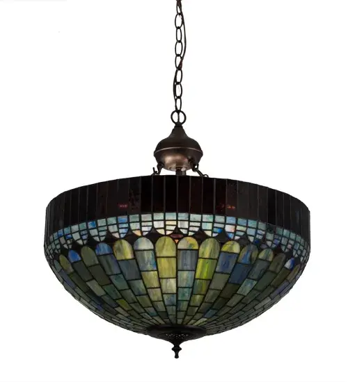 In the early 20th century, Tiffany Studios used its artful mastery to develop the look of woven fabric with a fringed skirt out of glass. Meyda Tiffany Lighting has taken that concept one step further and turned it upside down. Multi-hued Amber Plum fringe crowns an inverted dome of art glass brickwork intertwined with hues of Emerald, Cobalt, Heather, Navy, Teal and Amber. The art glass shade is created using Meyda's famous copper foil construction process and is enhanced with hardware finished in Mahogany Bronze. Custom colors, styles, sizes and dimmable energy efficient lamping options such as LED are available. This pendant is UL and cUL listed for damp and dry locations. Collection: Tiffany Candice Finish: Mahogany Bronze Glass: Stained Glass Width: 22.00" Height: 24.50" Length: 22.00" Weight: 13.50 lb Number of Bulbs: 3 Maximum Wattage: 60.00 W Bulb Type: A19 Bulb Base: E26 Material: Steel Country of Origin: CHINA Safety Listing: Damp Safety Rating: Damp - alternate view