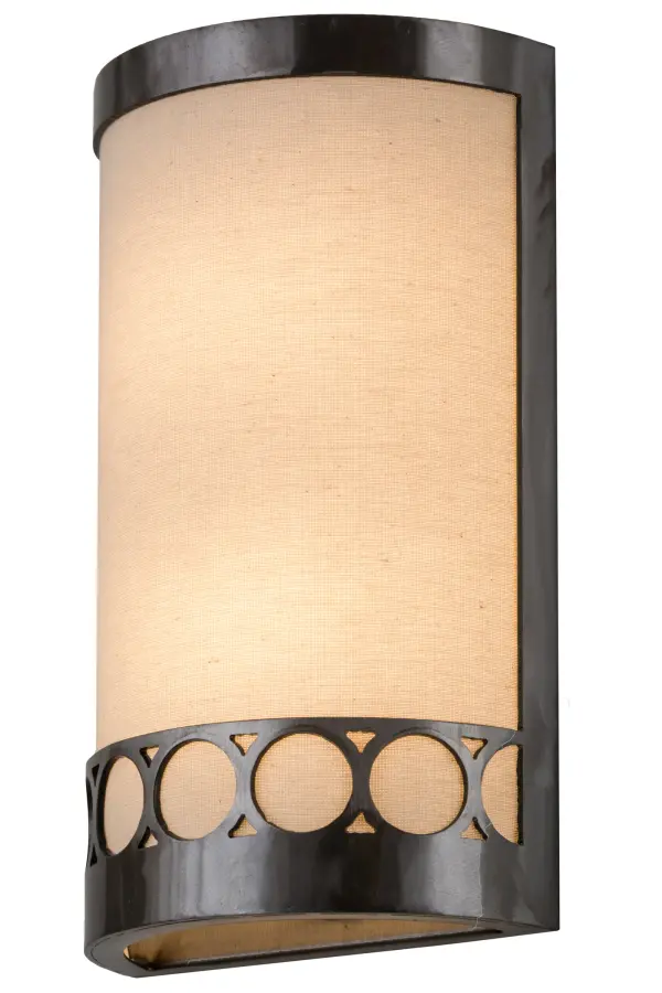 Designed with a curved profile; this appealing Cilindro Circulo Wall Sconce defines an attractive casual aesthetic. This lovely fixture features a Natural Textrene shade trimmed with a Deco-styled design of orb silhouettes. The shade is enhanced with decorative accents; hardware and frame in Clear Satin finished Steel. Handcrafted by highly skilled artisans in our manufacturing facility in Upstate New York; this sconce is available in a wide range of custom choices including various designs; colors; sizes and dimmable energy efficient lamping options such as LED. The 8-inch wide fixture is UL and cUL listed for damp and dry locations.