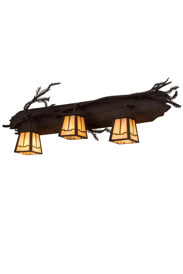 Like a sturdy; weather-worn tree bark adorned with delicate needles; bough and natural-like textures; this Pine Branch 3 Light Vanity is a nature inspired illuminous work of art. Meticulously architectural details abound with hand-applied Cafe Noir finished branches hibernating until the light shines from Craftsman styled shades of stunning Beige art glass; embraced by the artistic backplate. Custom crafted from highly skilled artisans at the foothills of the spectacular New York Adirondack Mountains; this hand-forged steel wall fixture makes for a charming vanity light in a bath or a wall sconce in any other room. Custom options available; including special sizes; finishes colors and dimmable energy efficient lamping. UL and cUL listed.