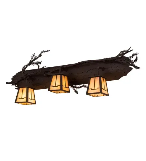 Like a sturdy; weather-worn tree bark adorned with delicate needles; bough and natural-like textures; this Pine Branch 3 Light Vanity is a nature inspired illuminous work of art. Meticulously architectural details abound with hand-applied Cafe Noir finished branches hibernating until the light shines from Craftsman styled shades of stunning Beige art glass; embraced by the artistic backplate. Custom crafted from highly skilled artisans at the foothills of the spectacular New York Adirondack Mountains; this hand-forged steel wall fixture makes for a charming vanity light in a bath or a wall sconce in any other room. Custom options available; including special sizes; finishes colors and dimmable energy efficient lamping. UL and cUL listed. - alternate view
