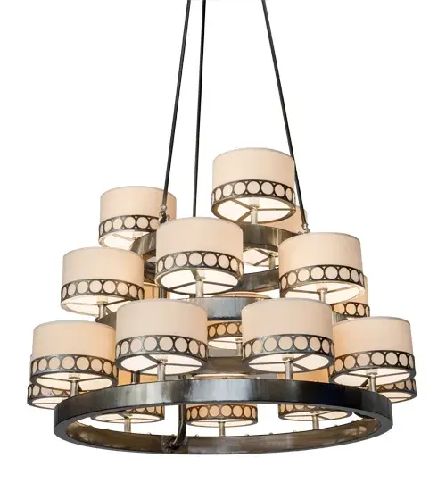 Grand scale and dramatic styling are combined for a truly stunning look. The Cilindro Aloni features 18 round Natural Textrene shades which are trimmed with Deco designed trim featuring a circlet border. The sturdy Raw Steel ring and decorative accents are offered in a Satin Clear finish. Handcrafted by highly skilled artisans in our manufacturing facility in Yorkville; NY; this fixture is offered in custom sizes; styles and finishes as well as dimmable energy efficient lamping options such as LED. UL and cUL listed for dry and damp locations. - alternate view