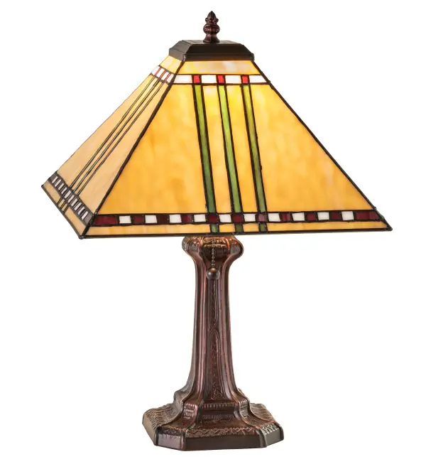 With their love of geometric forms; architects of the Prairie School interpret organic objects into simplified lines. The Meyda Tiffany Prairie Corn table lamp shade features rows of Chili Red and Wheat kernels and stalks of Bronzed Jade against a Maize Gold background. This stunning stained glass shade is created using the famous Meyda Tiffany copperfoil construction process. The shade is paired with an exquisite Gothic table base in a Mahogany Bronze finish. UL and cUL listed for dry locations.