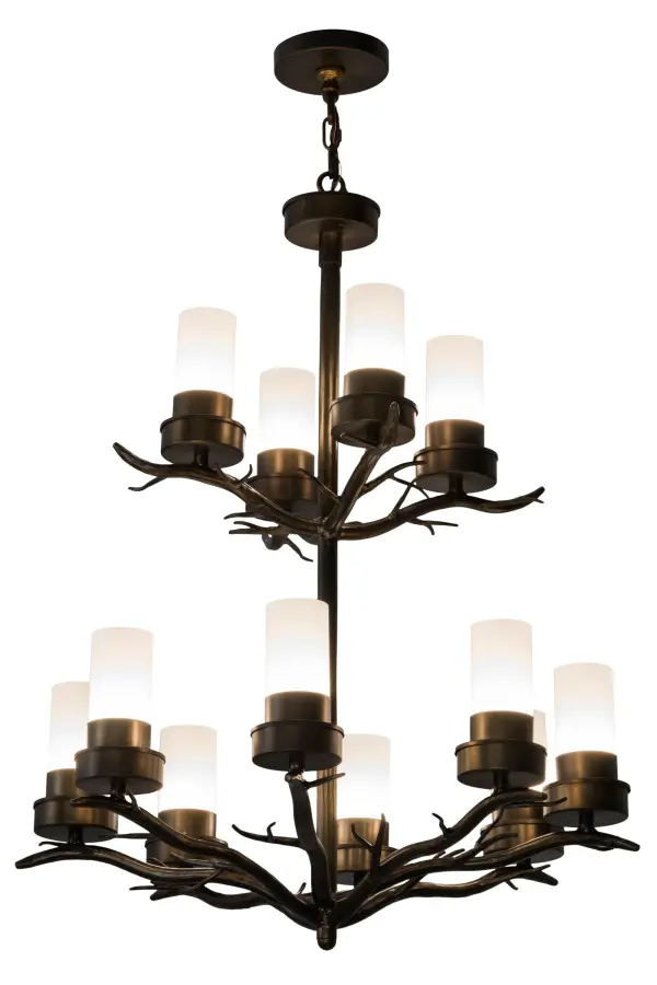 Like the branches of a wise old tree asleep in the cold winter woods; the Winter Solstice Chandelier is an abstract expression of light that is perfectly poetic. Meticulous architectural details abound with Antique Copper powder coated branches hibernating until the light from 12 Statuario Idalight Cylindres provide a warm; friendly embrace. Custom crafted by highly skilled artisans in our 180;000 square foot manufacturing facility in Yorkville; New York; this two-tier fixture is a unique Nature-inspired lighting design. Custom options; including special sizes; finishes; styles and dimmable energy efficient lamping such as LED; are available. UL and cUL listed for damp and dry locations.