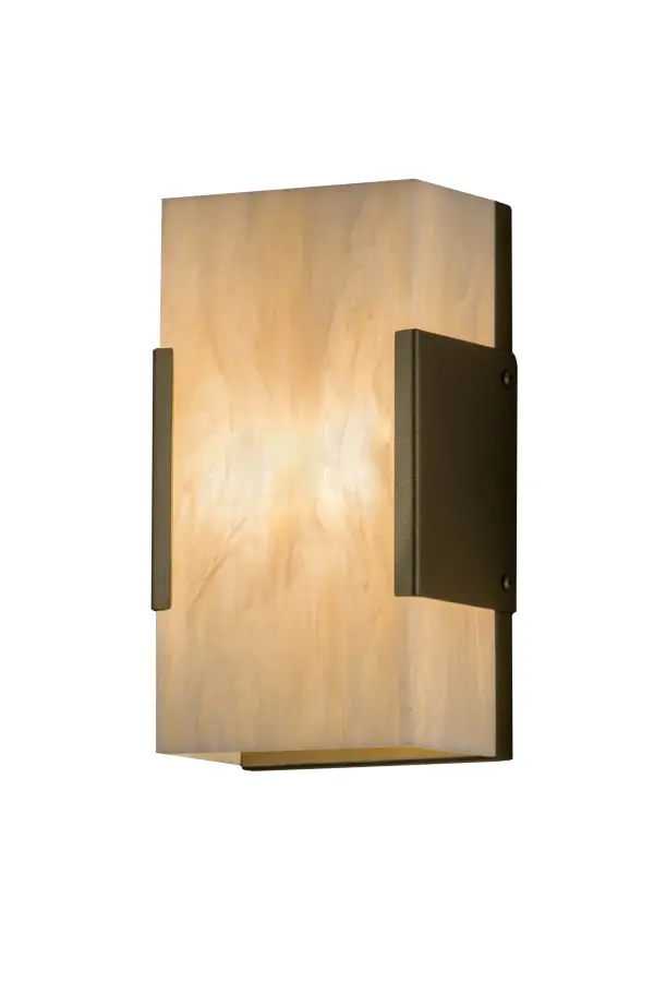 Rendering a mesmerizing architectural look, this stunning lighting design features Creme Carrere Idalight which delivers beautiful ambient light. The gorgeous diffuser is embraced with a bookend styled frame featured in a Gold Metallic finish. Wall sconce artistry is created by the hands of highly skilled artisans at our 180,000 square foot manufacturing facility in Yorkville, New York. Custom colors, styles and sizes are available, as well as dimmable energy efficient lamping options such as LED. The 9.5-inch tall ADA compliant wall luminaire is UL and cUL listed for damp and dry locations. Collection: Quadrato Finish: Gold Metallic Glass: Creme Carrare Idalight Width: 5.25" Height: 9.50" Length: 3.50" Weight: 2.50 lb Extension from Wall: 3.50" Number of Bulbs: 2 Maximum Wattage: 5.00 W Bulb Type: B10 Bulb Base: E12 Light Source: LED Material: Steel Country of Origin: USA Safety Listing: Damp Safety Rating: Damp LED