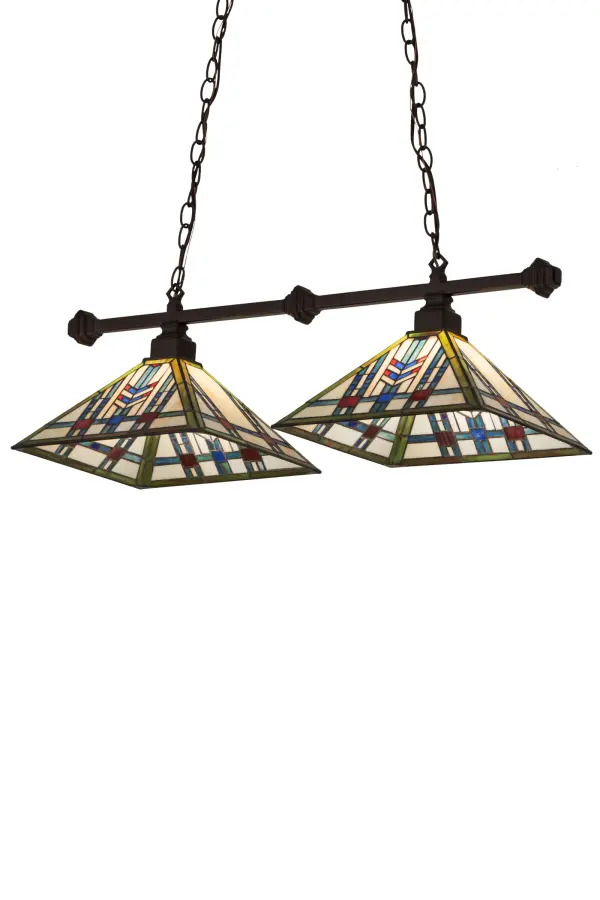 In the tradition of the Prairie School architectural style; organic objects were interpreted into geometric forms. In this pendant; we use colorful interlocking blocks of multi-colored glass in hues of Blue/Green with accent blocks of Blue and Burgundy to form stylized wheat stalks on a Beige Cream background. The handcrafted art glass shades are created using the famous Meyda Tiffany copperfoil construction process. The two stained glass shades are embraced by a suspension bar finished in Mahogany Bronze. This fixture is ideal for placement above a billiard table; kitchen island; or counter in fine homes. The overall height of the fixture ranges from 20 to 42.50 inches; as the chain length can be easily adjusted in the field to accommodate your specific lighting application needs. The Prairie Wheat 2 Light Island Pendant is included in our American-designed; handcrafted Mission Lighting Collection. The fixture is UL and cUL listed for dry and damp locations. Each shade is a unique work of art; with color variations based on natural ingredients inherent in the glass.