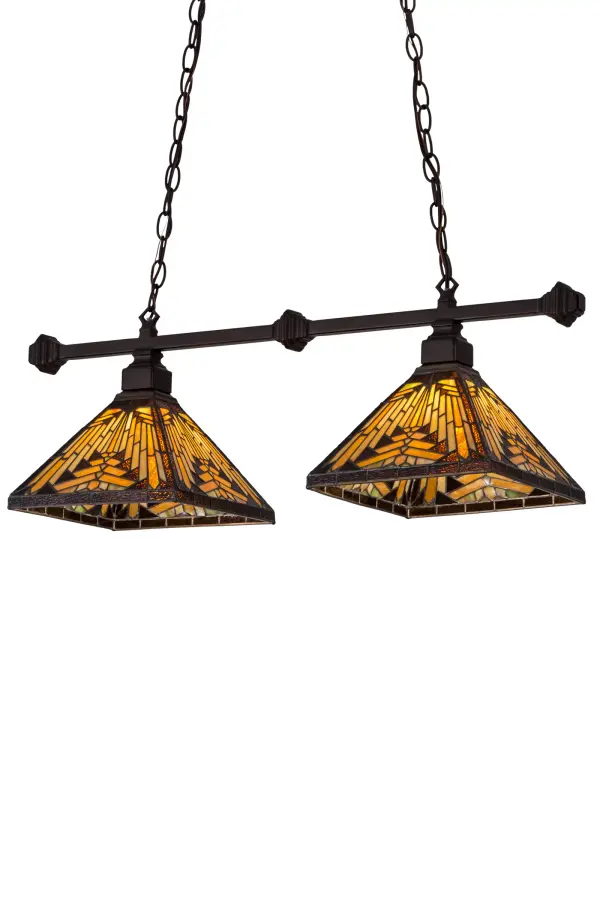 Warm earth toned Bone Beige and Moccasin Tan stained glass; accented with glistening Root Brown and Sage Green; is used to produce these intricate interlocking patterned shades. The two shades; created using the famous Meyda Tiffany copperfoil construction method; are complemented with a frame; decorative accents and hardware in a warm Craftsman Brown finish. The pendant is ideal for illuminating islands; billiard/dining tables; counters; bars and other spaces. Custom designs; styles and colors; as well as dimmable energy efficient lamping options such as LED; are available. The pendant is UL and cUL listed for damp and dry locations.