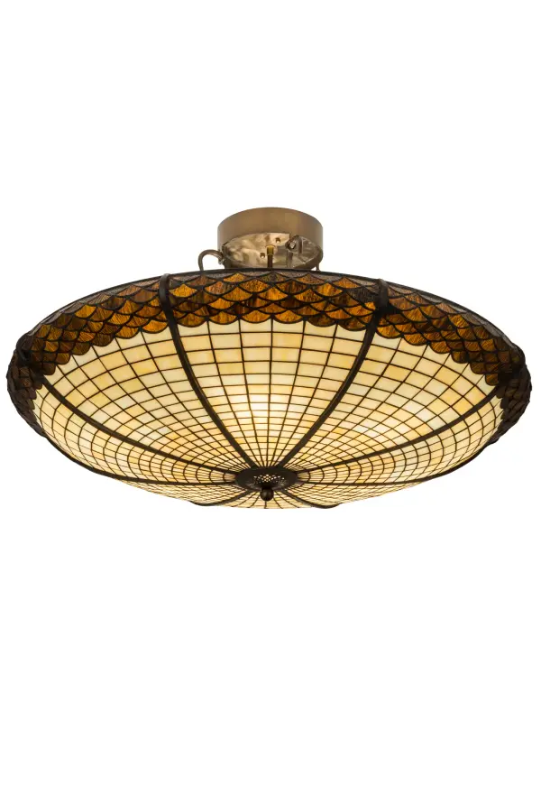 Inspired by the textures and colors of the mighty Oak Tree, this art glass shade is featured in Multi-toned Autumn Beige, and crowned with a scalloped trim in Bark Brown Granite Glass. The shade is created using the famous Meyda copperfoil construction and is complemented with steel hardware and decorative accents featured in an Antique Copper finish. Custom sizes, styles and colors are available, as well as dimmable energy efficient lamping options including LED. The fixture is UL and cUL listed for damp and dry locations. No two art glass shades will be the same as their individuality can be as remarkably unique as their personality. Collection: Greenbriar Oak Finish: Antique Copper Glass: Stained Glass Width: 36.00" Height: 21.00" Length: 36.00" Weight: 30.00 lb Number of Bulbs: 6 Maximum Wattage: 60.00 W Bulb Type: A19 Bulb Base: E26 Material: Metal Country of Origin: USA Safety Listing: Damp Safety Rating: Damp