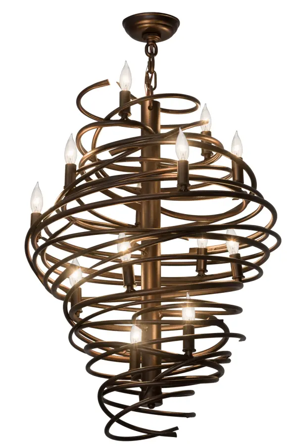 The bold, eye-catching Cyclone simulates whirling winds of energy and gyration with twisting steel that is accentuated with 13 delicately placed beacons to help you weather the storm. The winding mass of steel surrounds a sturdy post, all featured in a Mahogany Bronze finish. Make an impressive design statement that will wow guests in lobbies, conference rooms, entryways and other residential and commercial spaces. The fixture is handcrafted by master artisans in our Upstate New York manufacturing facility. Custom designs, styles, sizes and dimmable energy efficient lamping such as LEDs are available. This chandelier is UL and cUL listed for damp and dry locations. Collection: Cyclone Finish: Mahogany Bronze Glass: Beige,White Width: 20.00" Height: 38.00" Length: 20.00" Weight: 29.00 lb Number of Bulbs: 13 Maximum Wattage: 7.00 W Bulb Type: B9 Bulb Base: E12 Material: Steel Country of Origin: USA Safety Listing: Damp Safety Rating: Damp